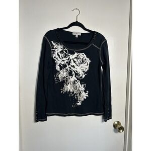 Vintage Lana Lee Top Black Long Sleeve Studded Floral Graphic Y2K McBling Sz L